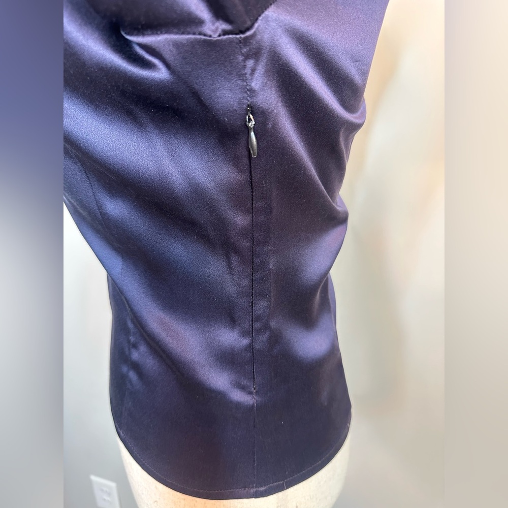 Sz 4 Worth navy blue long sleeve silk blouse high neck ruched wrists - Picture 6 of 7